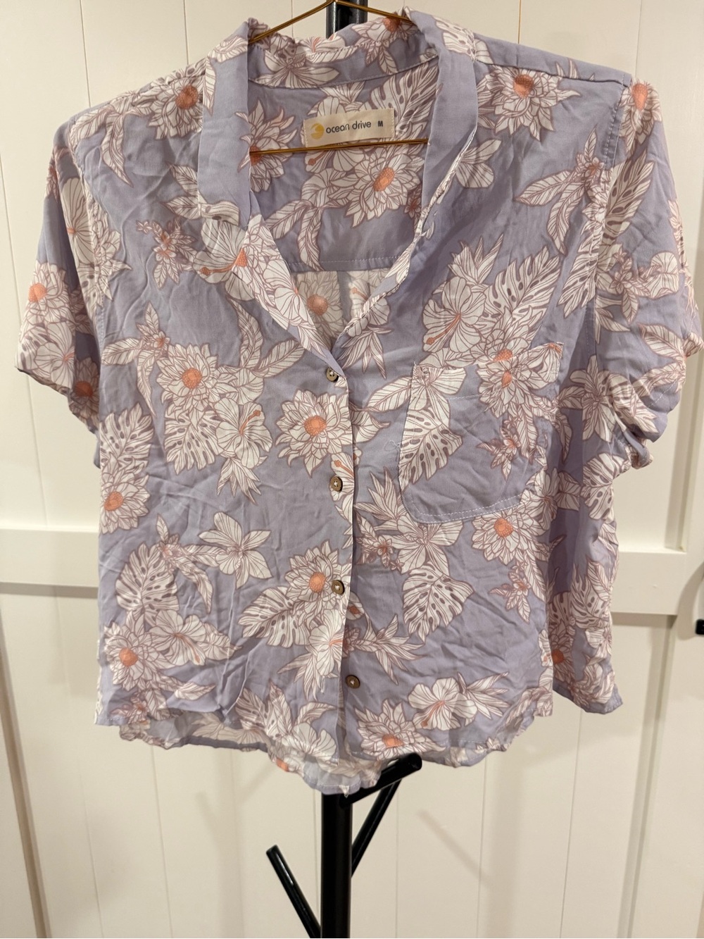 Ocean Drive Lavender Floral Button-Front Short Sleeve Shirt